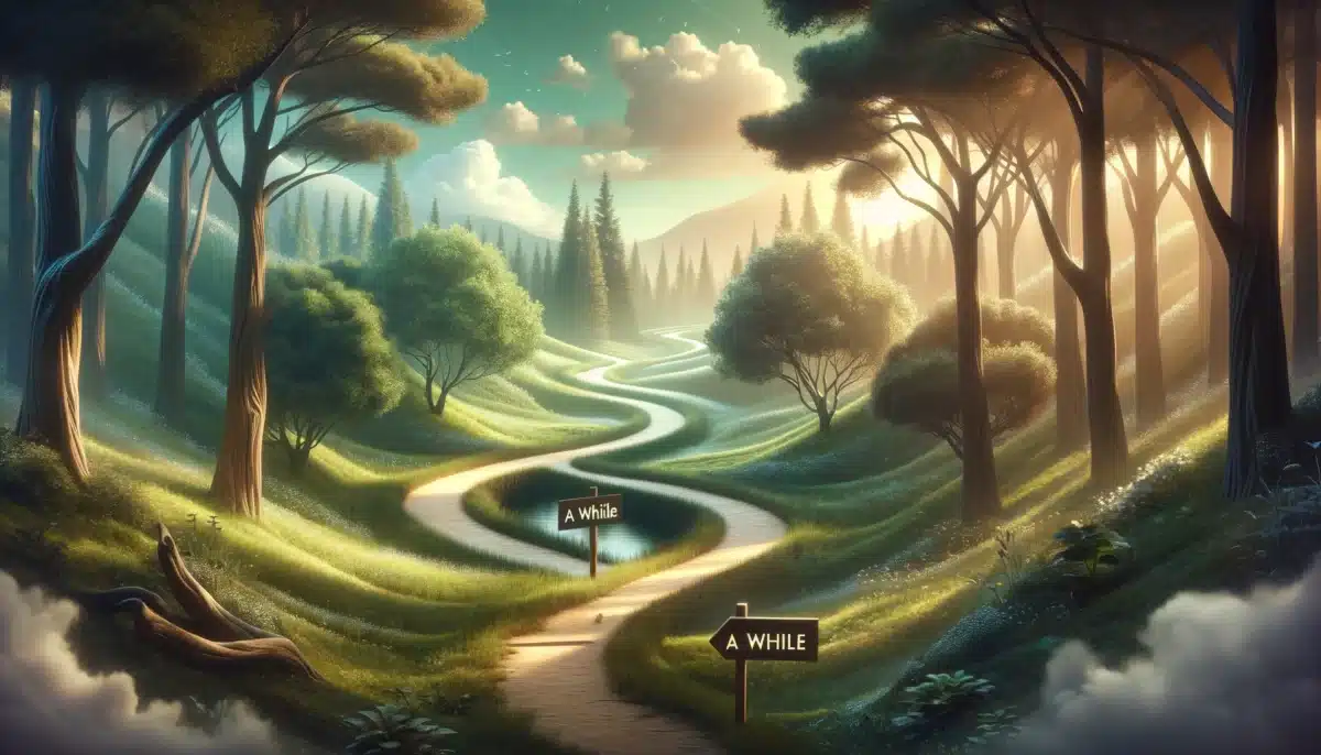 DALL·E 2024 02 07 13.15.35 Create a realistic image depicting a serene landscape with a winding path that metaphorically represents the journey between two concepts such as a