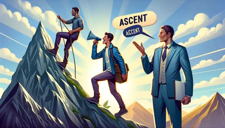 DALL·E 2024 02 07 17.40.32 A person climbing a steep mountain symbolizing the concept of ascent and another person speaking with a noticeable accent illustrating the concept