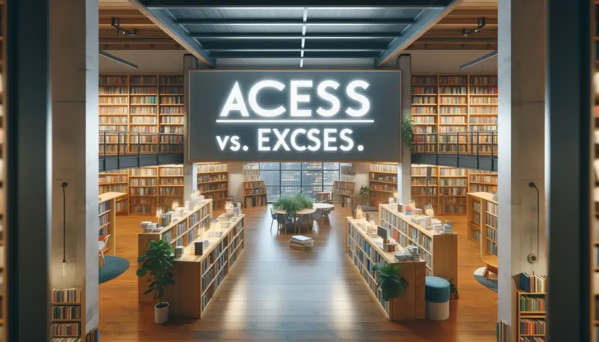 DALL·E 2024 02 07 17.50.01 A panoramic view of a library with shelves stocked with books and a signboard displaying the words Access vs. Excess in a bold clear font. The scen