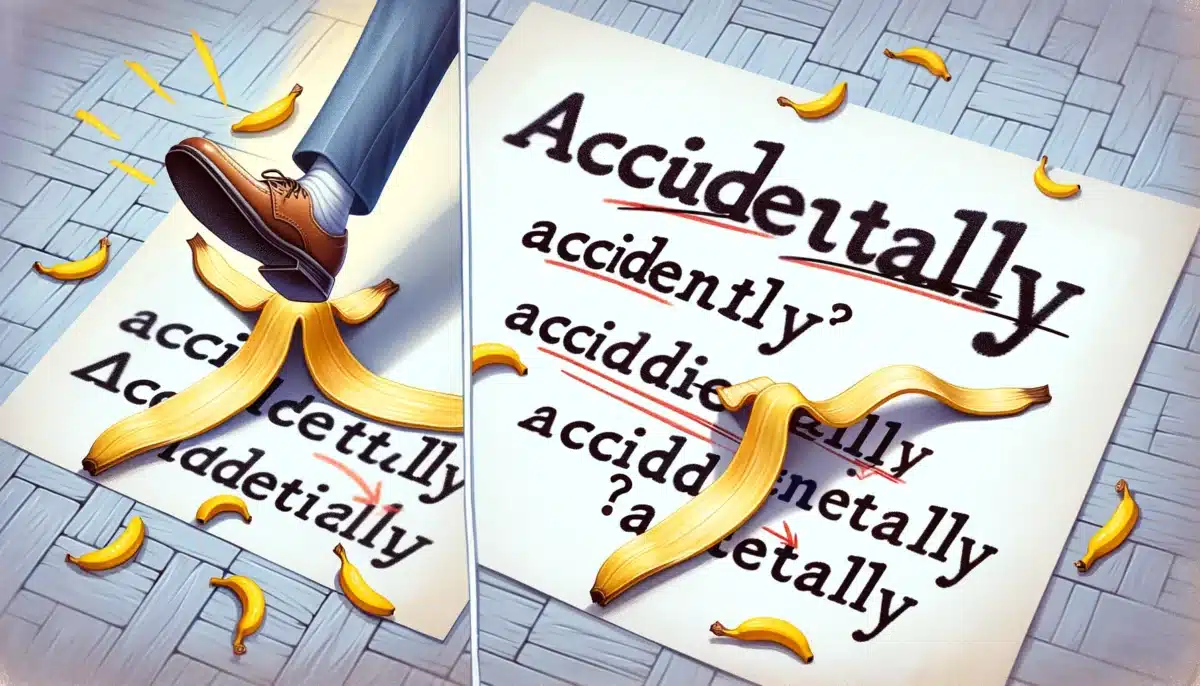 DALL·E 2024 02 07 17.53.40 A visual representation of the concepts of accidentally and accidently showing two scenes one depicting a person slipping on a banana peel symb