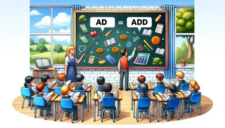 DALL·E 2024 02 09 02.25.46 A picturesque scene of a classroom with children learning grammar focusing on the difference between ad and add on a blackboard with a teacher p