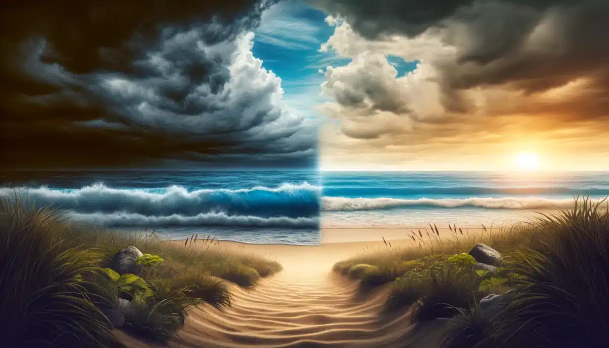 DALL·E 2024 02 09 02.34.46 A tranquil outdoor scene contrasting feelings of anxiety and eagerness. On one side illustrate a stormy dark sky over a rough sea symbolizing anxie