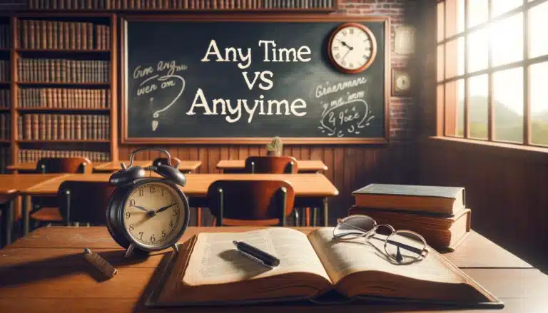 DALL·E 2024 02 09 02.52.12 A vintage style classroom with a blackboard displaying the words Any Time vs Anytime in chalk alongside a clock an open grammar book and a pair o