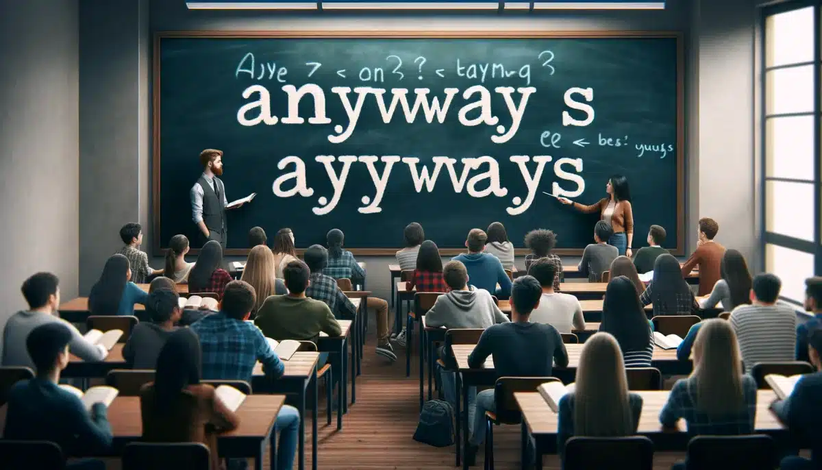 DALL·E 2024 02 09 02.59.43 An image of a classroom with a blackboard showing the words Anyway vs Anyways underlined. The classroom is filled with students of diverse backgroun