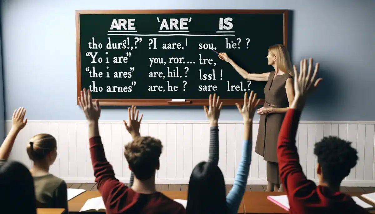 DALL·E 2024 02 09 03.13.46 A classroom setting with a chalkboard showing examples of are and is being used in sentences with a teacher pointing to the board and students ra