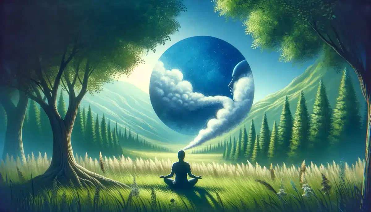 DALL·E 2024 02 09 03.25.49 A serene landscape depicting the essence of breathing and tranquility with a person practicing deep breathing exercises in a peaceful meadow surroun