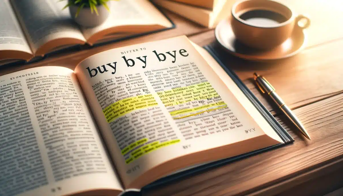 DALL·E 2024 02 10 12.54.09 An open book with highlighted text showing the difference between buy by and bye placed on a wooden desk with a pen and a cup of coffee besid