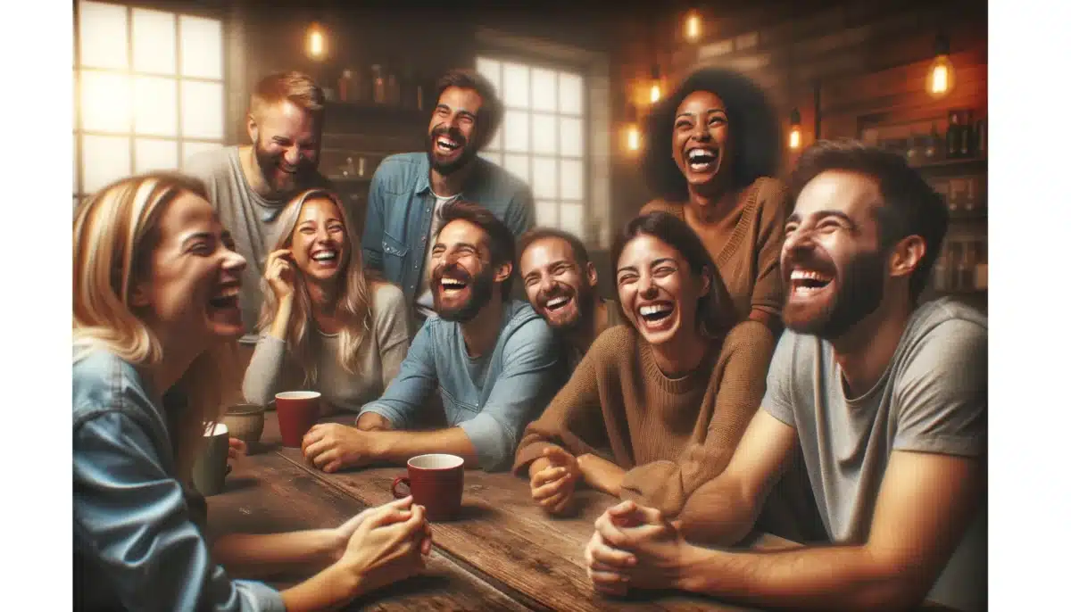 DALL·E 2024 02 10 17.44.43 A group of diverse people laughing together sitting around a table in a cozy warmly lit room sharing a moment of friendship and unity. The image sh