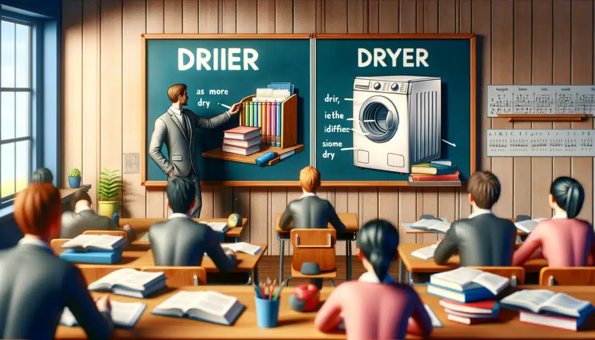 DALL·E 2024 02 25 11.23.28 A classroom setting with two boards one illustrating the concept of drier as in more dry and the other showing a dryer appliance for clothes. Th