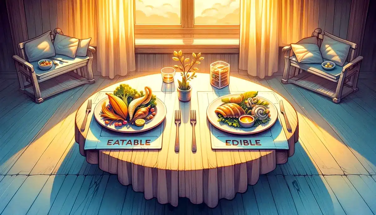 DALL·E 2024 02 26 14.58.01 A stylized depiction of two plates with food one labeled Eatable and the other Edible set against a backdrop of a dining table. The scene should