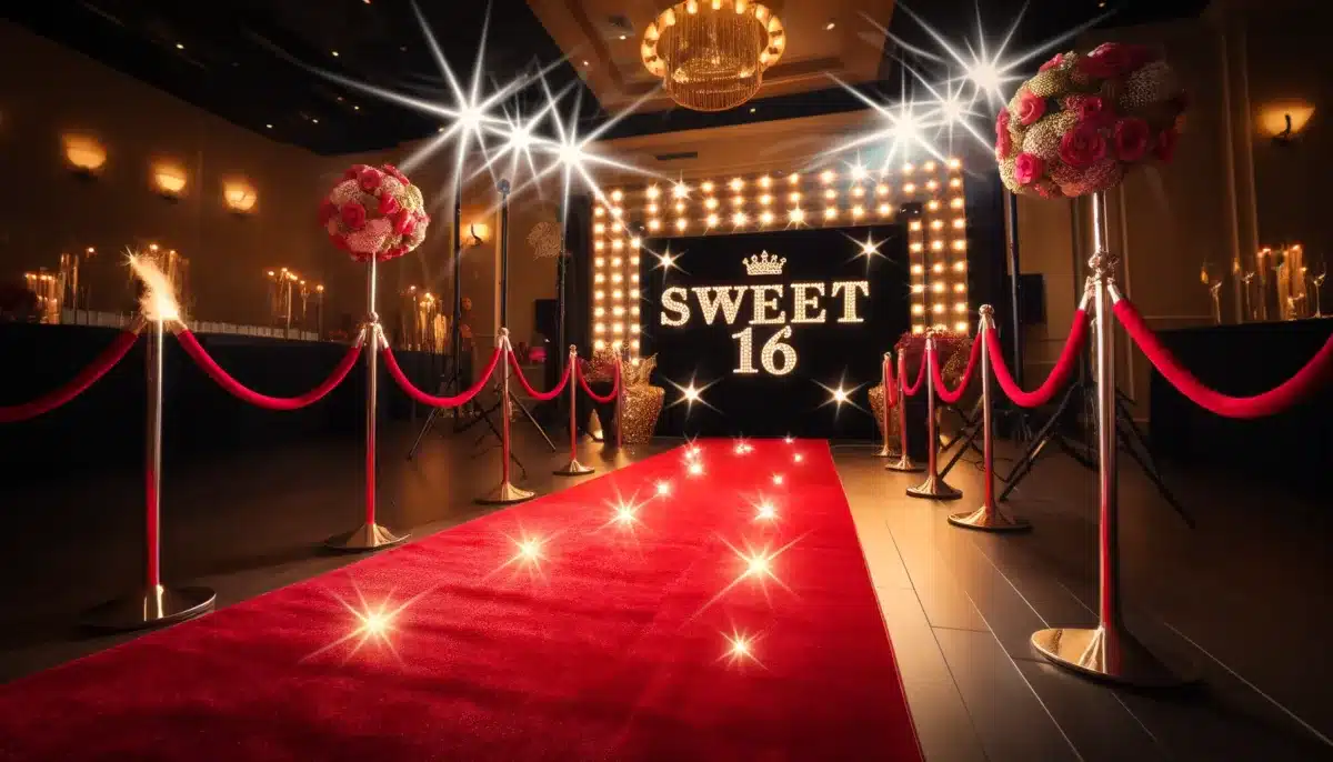 DALL·E 2024 04 25 09.46.37 A glamorous red carpet setup for a Sweet 16 party featuring a luxurious red carpet stretching towards a grand entrance. The scene is adorned with vel