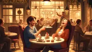 DALL·E 2024 04 05 23.48.04 A scene depicting a playful and humorous exchange between two people in a cozy cafe setting. They are laughing and enjoying a light hearted conversati
