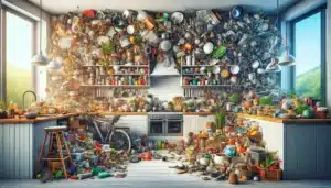DALL·E 2024 04 06 00.40.18 A visually rich and detailed scene of a kitchen overflowing with a wide variety of objects from cookware and appliances to unexpected items like book