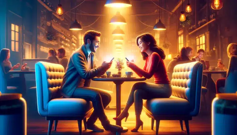 DALL·E 2024 04 06 23.43.53 A vibrant realistic scene of two people sitting in a cozy warmly lit cafe each holding their smartphones and smiling at each other as they text. Th