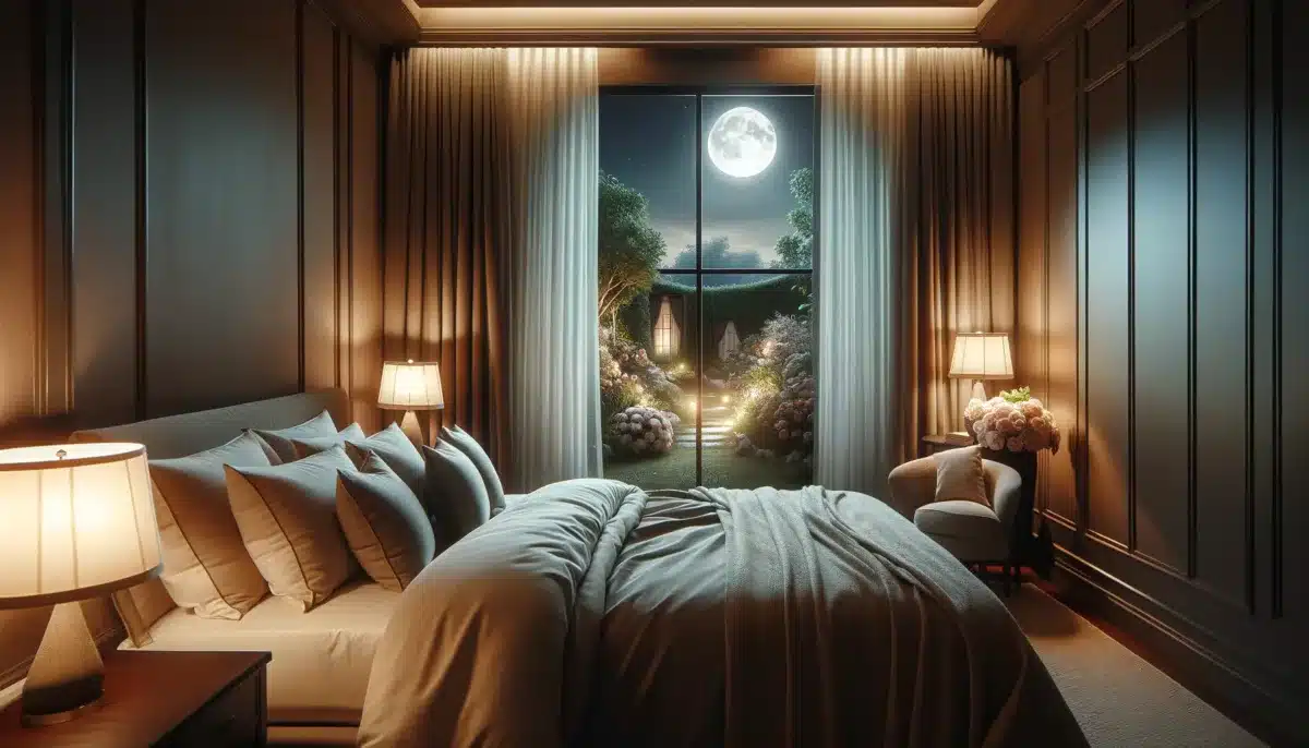 DALL·E 2024 04 23 15.50.34 A serene bedroom with soft lighting plush pillows and a view of a moonlit garden through the window creating a romantic and calming night time scen