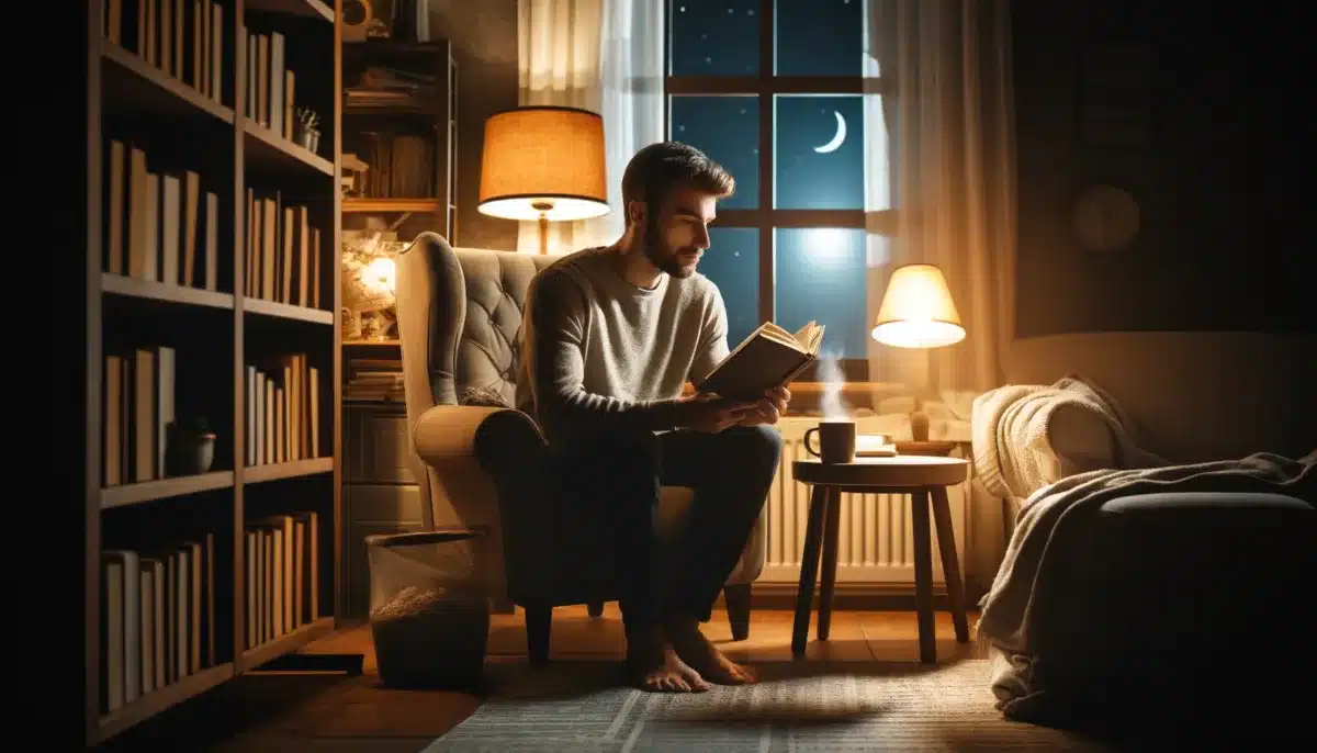 DALL·E 2024 04 23 15.50.36 An image of a man in a cozy well decorated room sitting in a comfortable chair and reading a book by a soft lamp light evoking a tranquil and warm