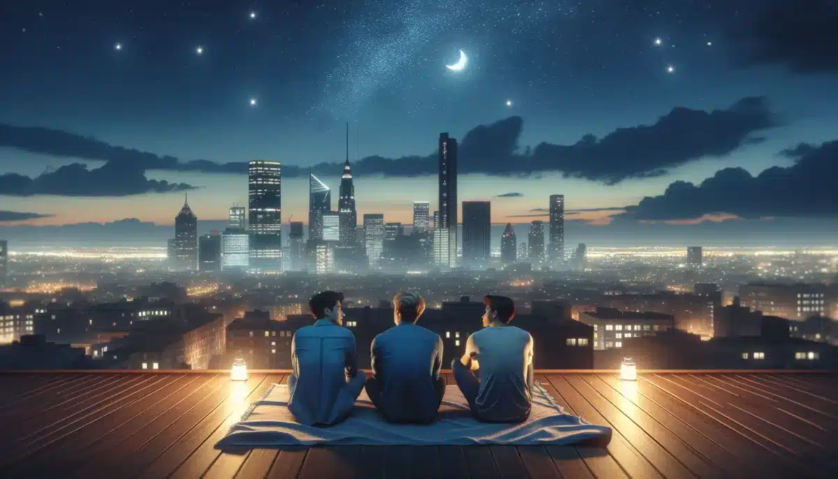DALL·E 2024 04 23 15.50.38 A rooftop setting with two friends sitting on a blanket a city skyline in the background under a starry sky suggesting a peaceful end to the day. Th