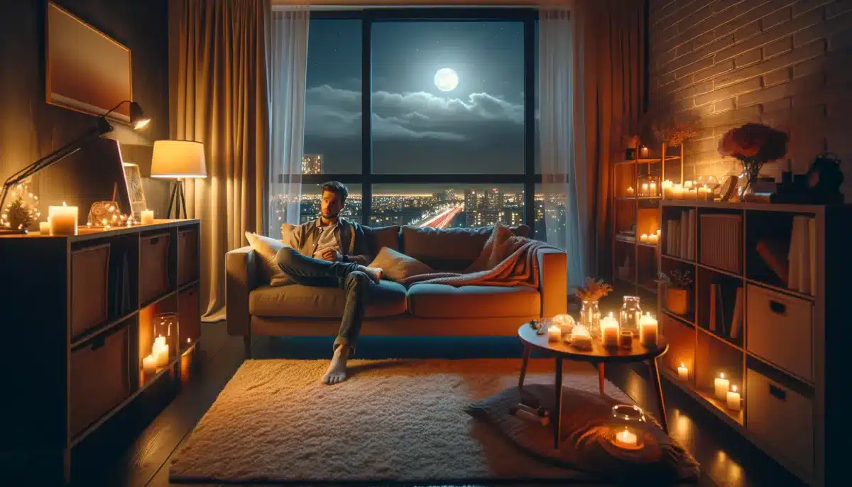 DALL·E 2024 04 23 15.52.37 A romantic evening setup in a living room showing a young man relaxing on a comfortable sofa surrounded by ambient lighting and cozy decor. The room