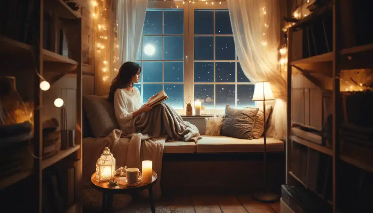 DALL·E 2024 04 23 15.52.38 A cozy indoor scene for a girlfriend unwinding at home sitting on a cushioned window seat with a book in her hand. The room is softly lit with string