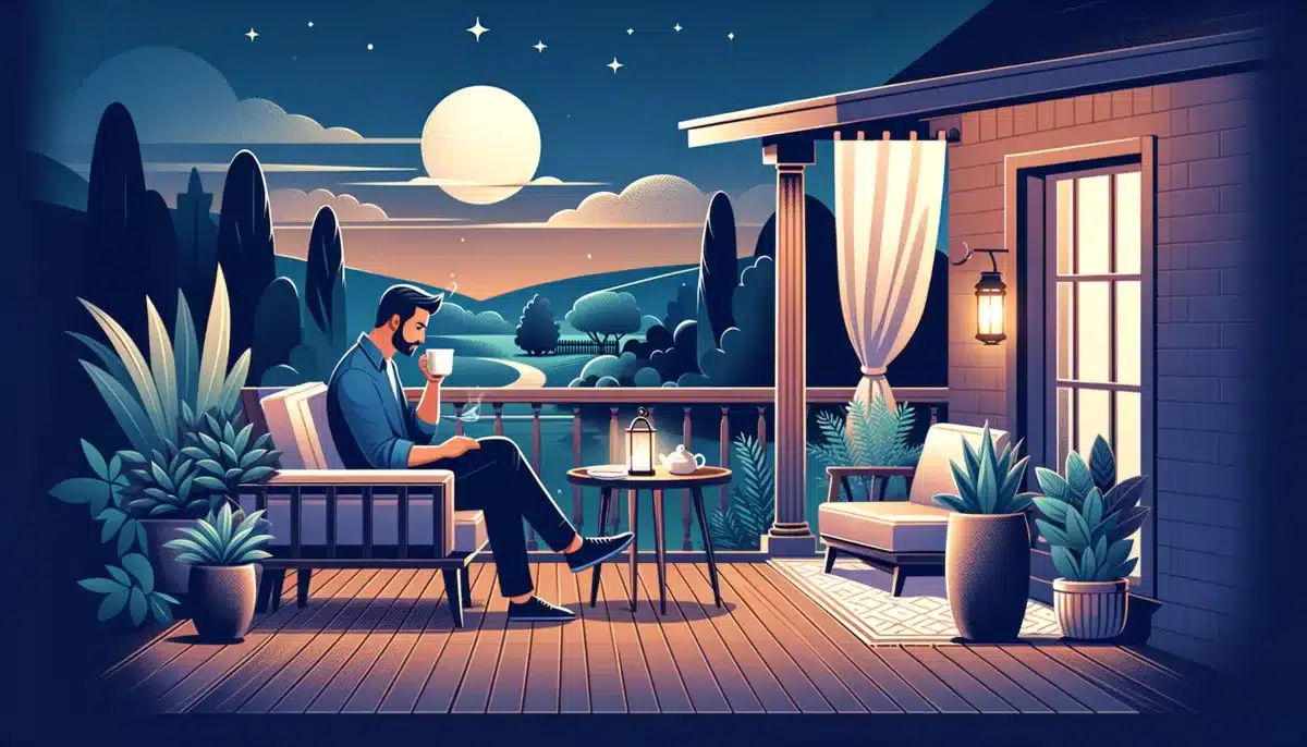 DALL·E 2024 04 23 15.52.41 An image depicting a husband enjoying a peaceful late evening at home. He is on a balcony overlooking a serene landscape sitting in a comfortable cha
