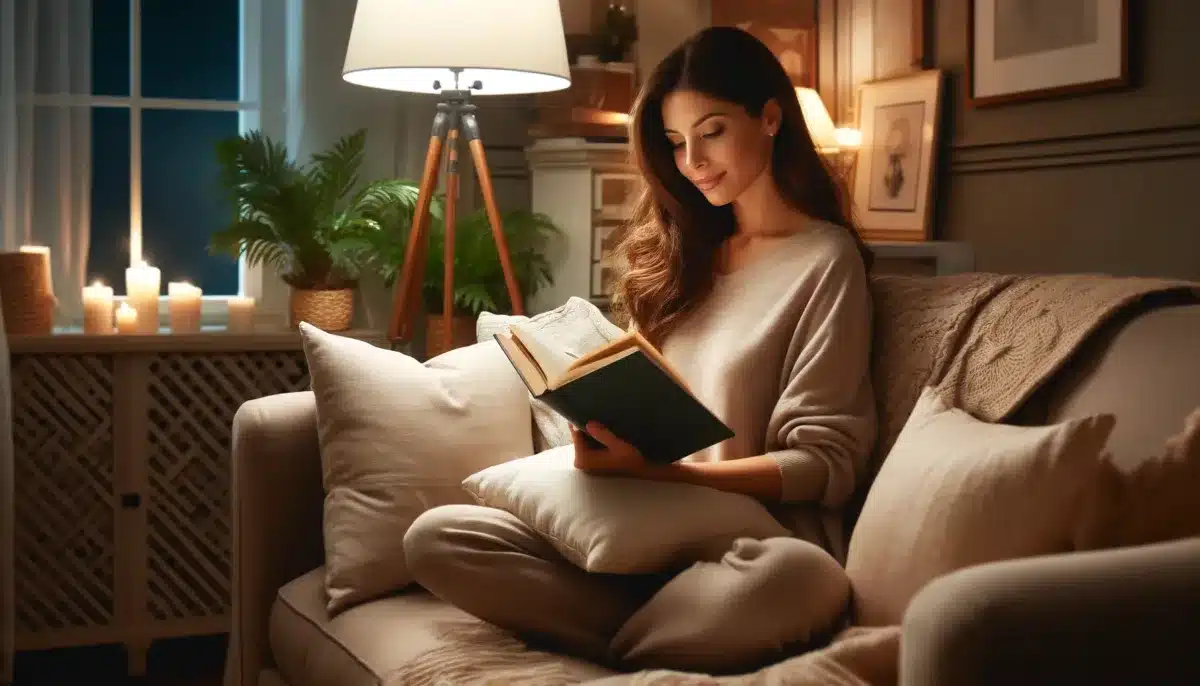 DALL·E 2024 04 23 15.55.09 An image of a wife at home enjoying a relaxing evening. She is sitting in a cozy corner of her living room surrounded by soft throw pillows reading