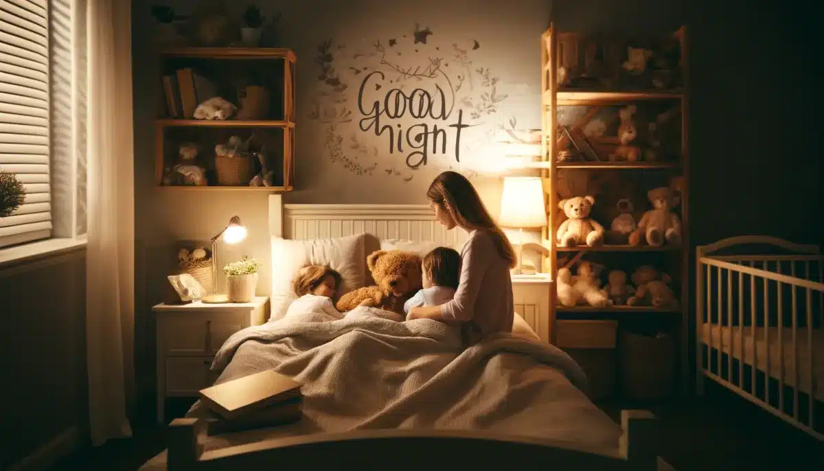 DALL·E 2024 04 23 15.55.16 A cozy nighttime scene showing a mother tucking her children into bed in a warmly decorated bedroom. The room has soft lighting and gentle colors wit