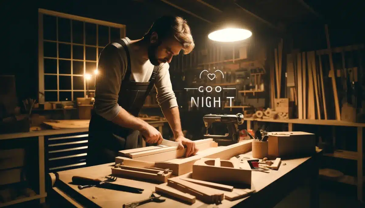 DALL·E 2024 04 23 15.55.18 An image of a father in his workspace or garage at night finishing up a woodworking project. The space is well organized with tools and wood pieces a