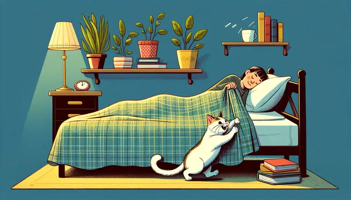 DALL·E 2024 04 23 15.57.57 A humorous bedtime scene depicting a person trying to sleep while their playful cat mischievously pulls off the blanket. The room is cozy and well dec