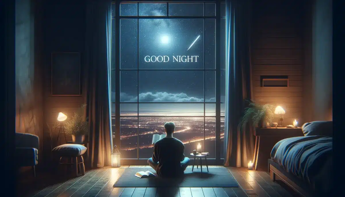 DALL·E 2024 04 23 15.58.37 An inspirational good night scene with a person sitting by a large window writing in a journal. The room is softly lit with a view of the starry nig