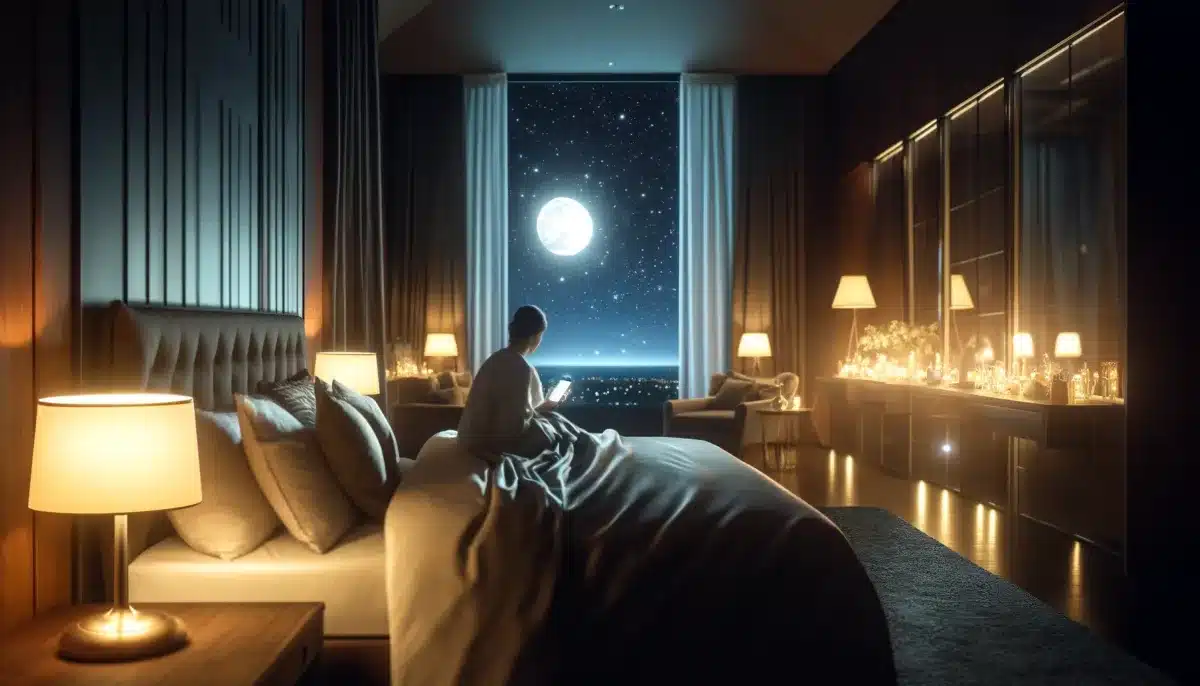 DALL·E 2024 04 24 00.47.55 A realistic and detailed bedroom scene at night. The room is warmly lit with soft ambient lighting and features plush inviting bedding. A person is