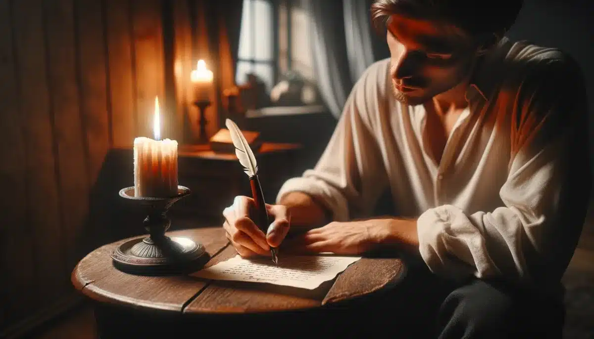 DALL·E 2024 04 24 00.48.57 A realistic scene of a person writing a good night note by candlelight. The room is dimly lit with a warm soft glow emanating from a candle on a sma