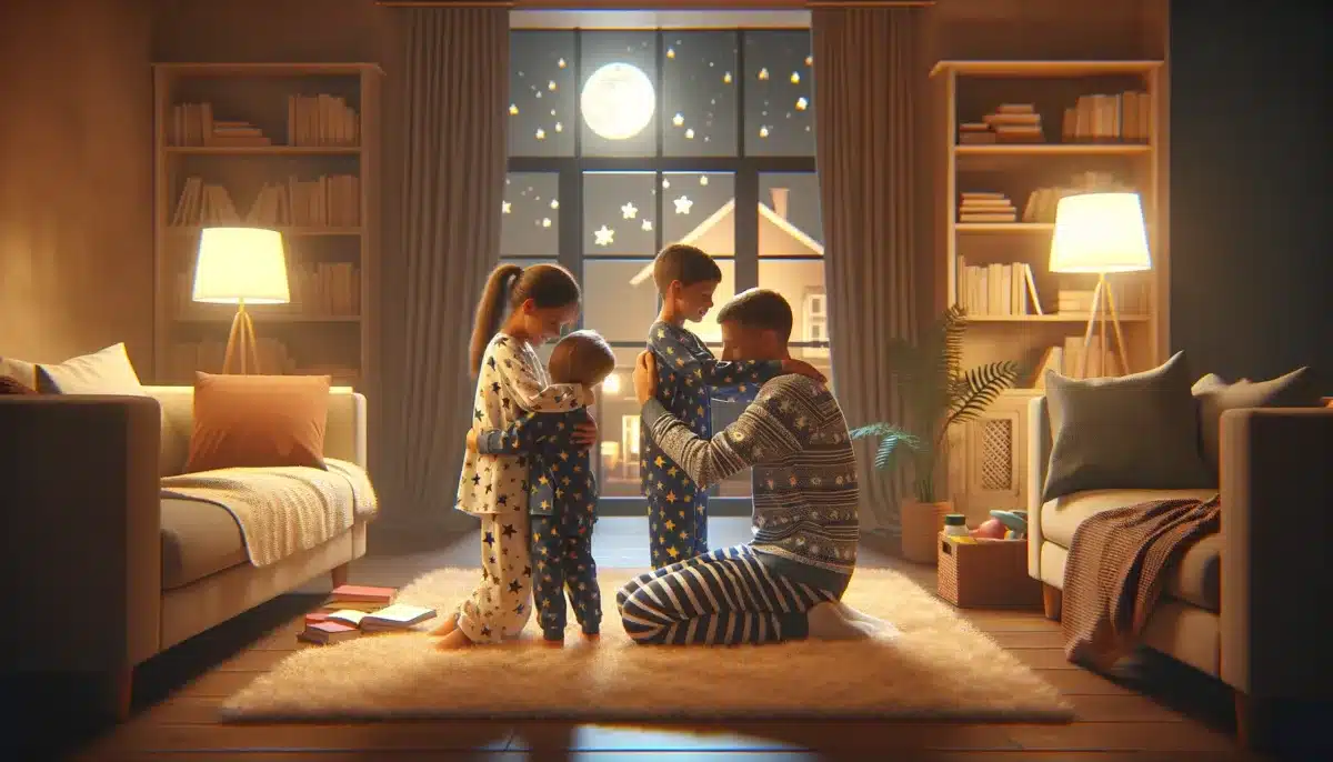 DALL·E 2024 04 24 00.49.02 A realistic and heartwarming scene in a family living room at night. Two children one wearing pajamas with star patterns and the other in moon themed