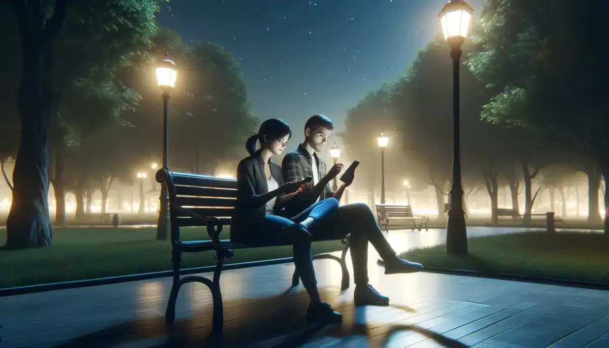 DALL·E 2024 04 24 00.49.30 A realistic outdoor scene at night featuring a couple sitting on a park bench. They are both using their smartphones presumably sending good night me