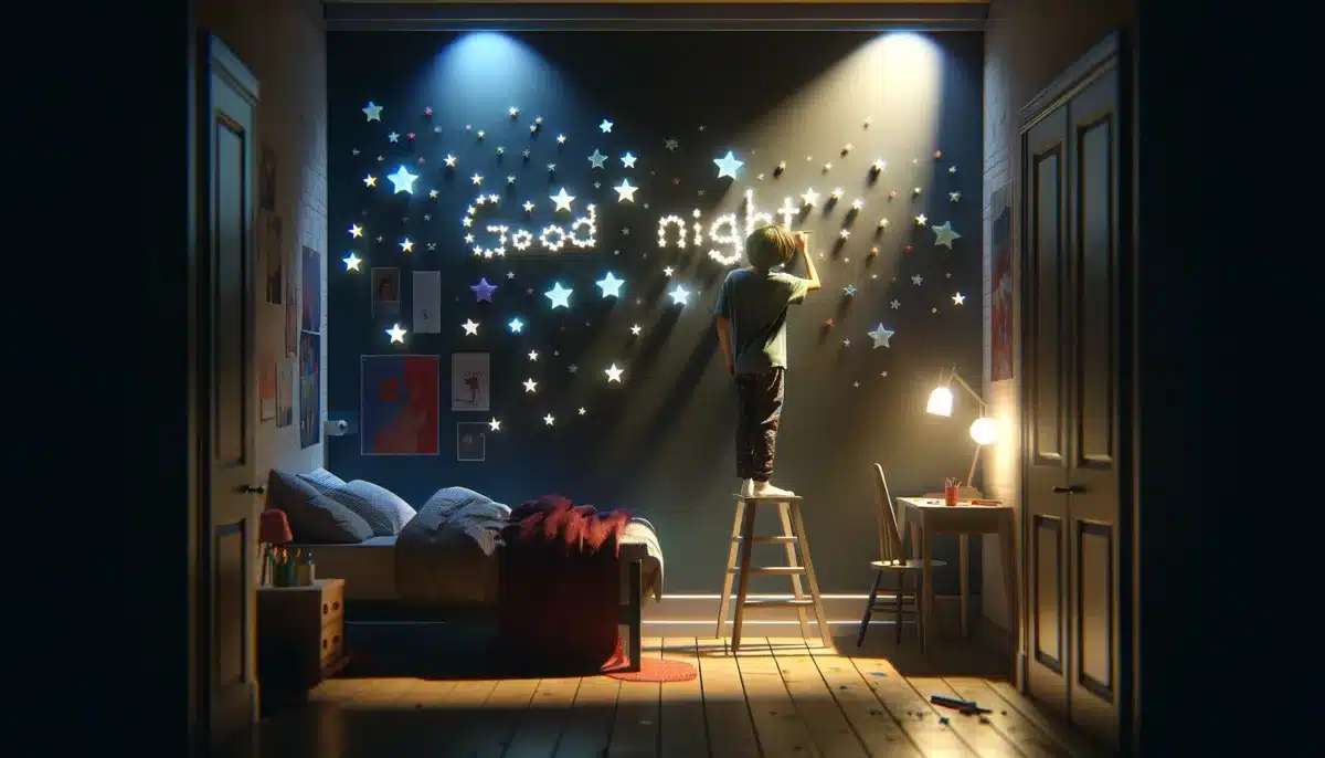 DALL·E 2024 04 24 00.52.39 A realistic scene inside a teenagers bedroom at night. The teenager is creatively decorating their bedroom wall with glow in the dark stars to form a