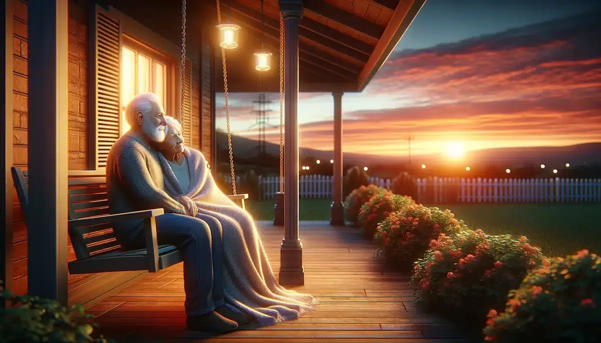 DALL·E 2024 04 24 00.52.41 A realistic scene of an elderly couple sitting on a porch swing at dusk. They are wrapped in a cozy blanket together watching the sunset. The porch i