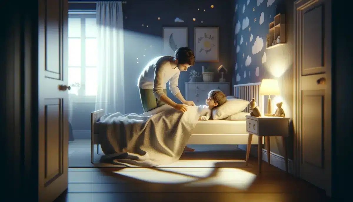 DALL·E 2024 04 24 00.52.50 A realistic and tender scene of a young child being tucked into bed by their parent at night. The childs room is softly illuminated by a gentle night