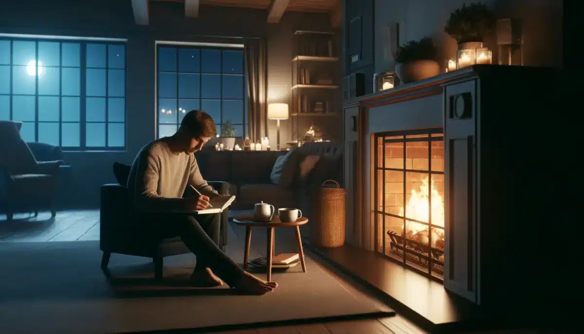 DALL·E 2024 04 24 00.53.36 A realistic scene of a person sitting by a fireplace at night writing in a journal. The room is warmly lit by the gentle flames of the fireplace cre