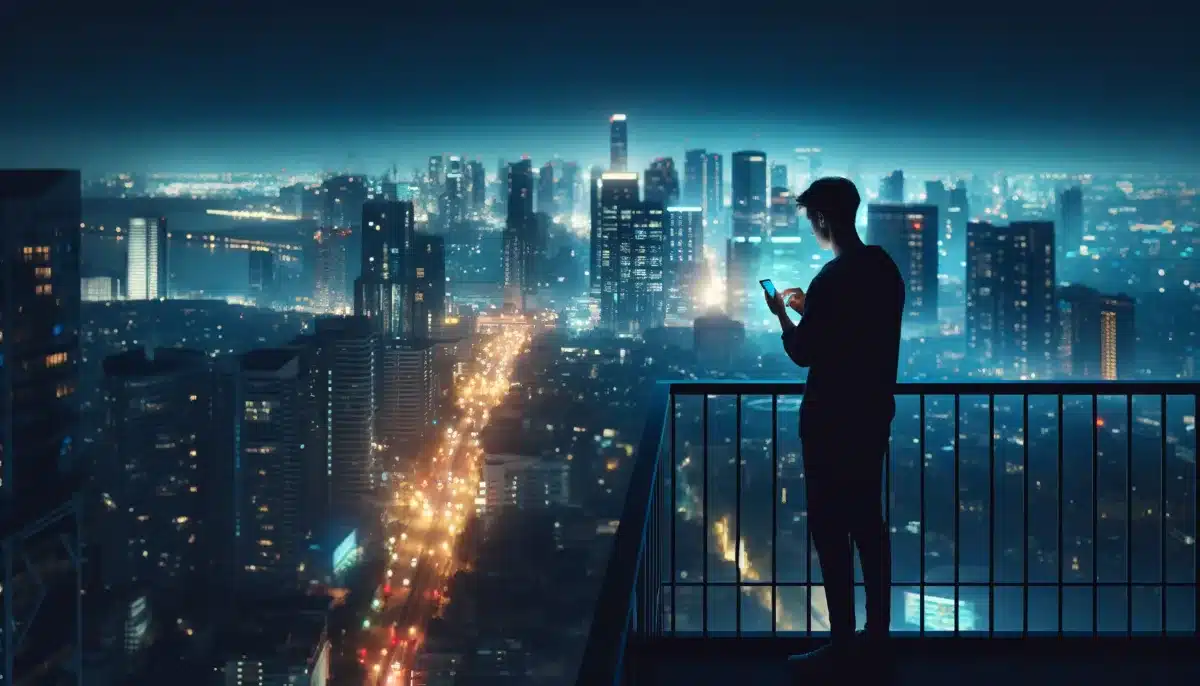 DALL·E 2024 04 24 00.54.03 A realistic scene of a person standing on a high rise balcony at night looking over the city lights while using their smartphone presumably sending