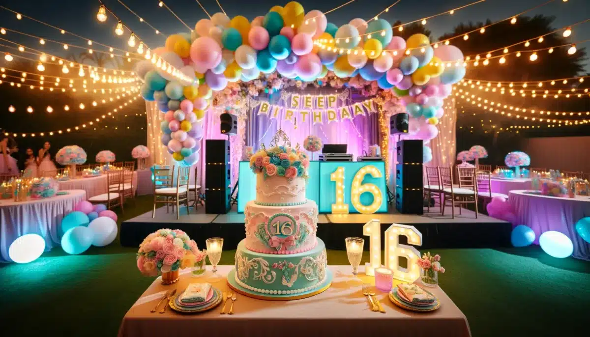 DALL·E 2024 04 25 09.41.38 A festive and vibrant Sweet 16 birthday scene. The image features a beautifully decorated party venue with pastel colored balloons elegant banners a